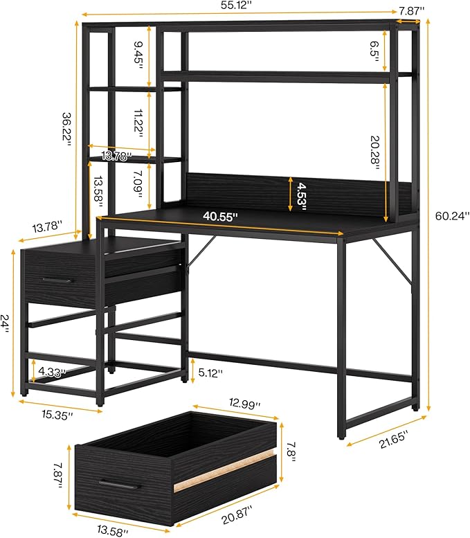 Tribesigns 55 Inch Computer Desk with 2 Drawers and Storage Shelves, Rustic Office Desk with Hutch, Study Writing Gaming Table Laptop Workstation for Home Office (Black)