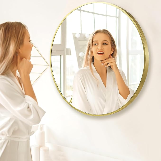 30 inch Gold Circle Wall Mirror, Brushed Gold Metal Framed Round Mirror for Bathroom Vanity, Bedroom Decor, Living Room, Entryway