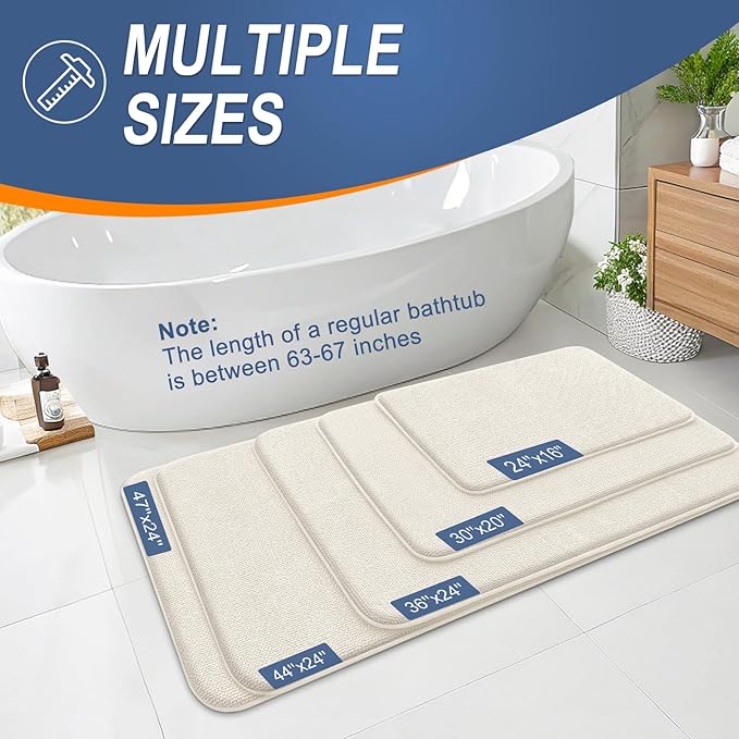 OLANLY Thick Memory Foam Bath Mat Rug 47x24, Extra Soft Absorbent Bathroom Rug, Quick Dry Bath Mats, Non-Slip, Machine Washable Carpet for Bathroom, Tub and Shower, Home Decor Accessories, Ivory