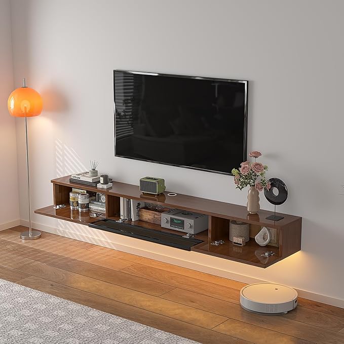 High Gloss Floating TV Stand,70'' Wall Mounted TV Console,Under TV Floating Shelf,Floating TV Cabinet with 3 Doors for Bedroom Living Room(Walnut)