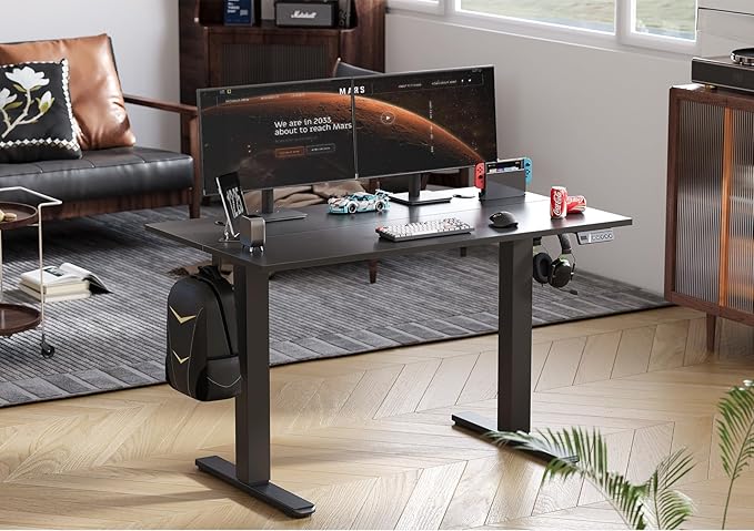 Seang Electric Standing Desk Adjustable Height, 40 x 24 Inch Sit Stand Desk with T-Shaped Frame, 3 Memory Presets & Cable Management for Home Office Computer Workstation, Black Frame/Black Top