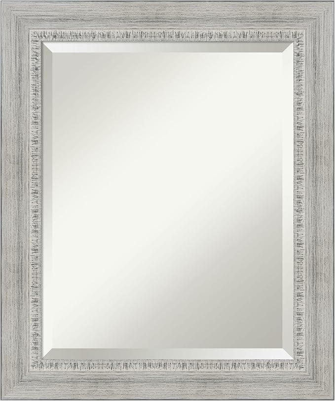 Amanti Art White Bathroom Mirror for Over Sink, 25x21 Rustic White Wash Rectangle Vanity Mirror, Small Rustic Farmhouse Wood Frame, Hangs Horizonally and Vertically, Bathroom Wall Decor, Beveled Edge