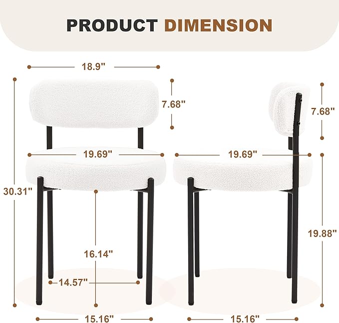 Dining Chairs Set of 2, White Boucle Dining Chair, Curved Backrest Upholstered Dining Room Chairs with Black Metal Legs, Mid Century Modern Dining Chairs for Kitchen, Living Room, White