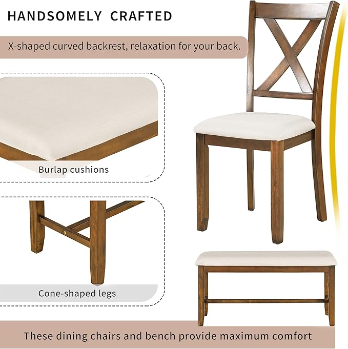 6 Pieces Dining Table Set with 60" Rectangle Kitchen Desk,Living Room Furniture W/ 4 "X-Shaped Curved Backres Fabric Chairs & 1 Bench,for Restaurant,Home Bistro,Natural Cherry