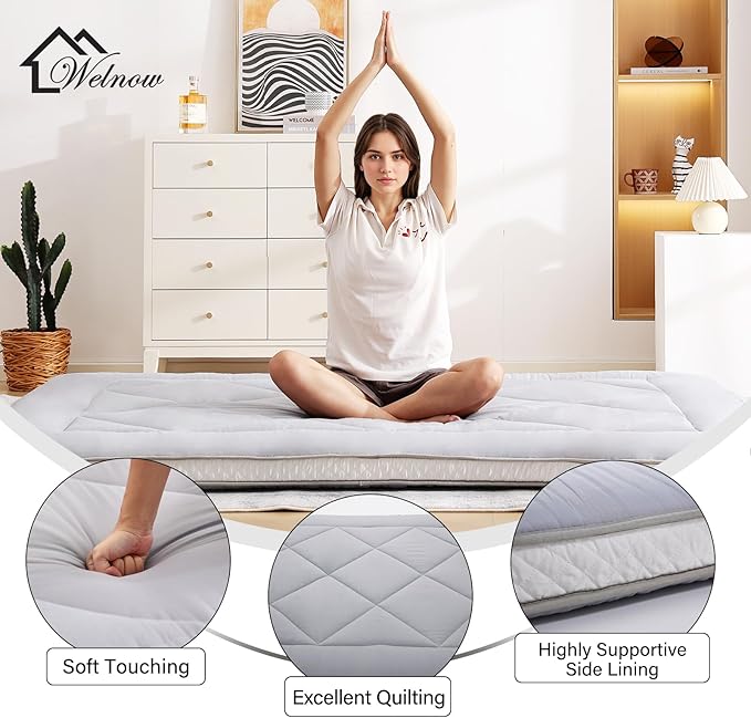 Welnow Japanese Futon Floor Mattress, Thick Full Size Tatami Mat Portable & Foldable Roll Up Floor Bed Mattress with Storage Bag, Sleeping Pad for Adults, Dorm, Guest Bed, Camping and Travel, Grey