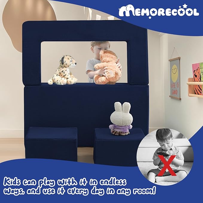 MeMoreCool Convertible Modular Kids Foam Play Couch Sofa – Navy Fold-Out Toddler Couch for Playroom or Bedroom