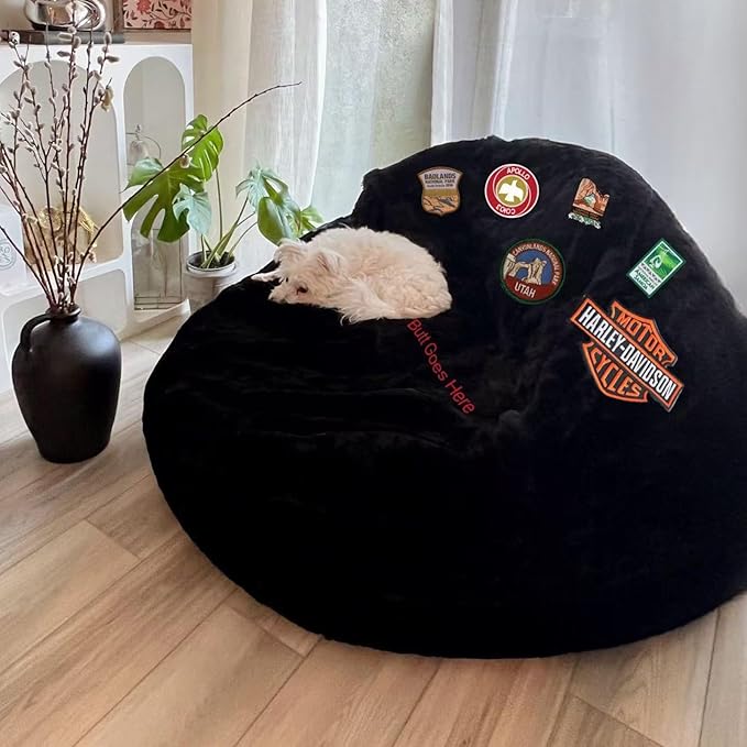 Bean Bag Chair for Adults Kids Without Filling Comfy Fluffy Giant Round Beanbag Lazy Sofa Cover with Words Embroidered for Reading Chair Floor Chair, 5FT, Black