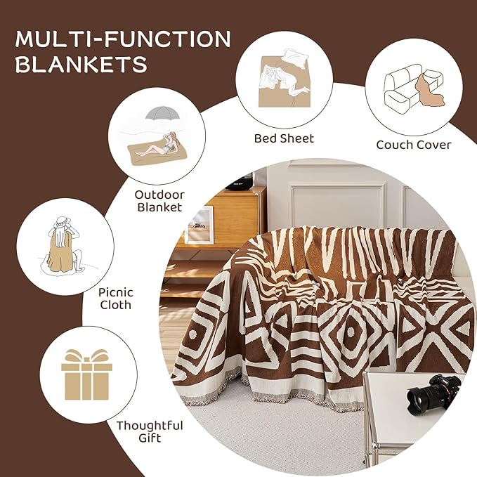 STACYPIK Boho Chocolate Beige Sofa Cover Anti-Slip Reversible Couch Cover for 2 Cushion Couch Soft Chenille Armchair Slipcovers L Shaped Cover for Sectional Furniture Protector for Kids Dogs-71X90IN