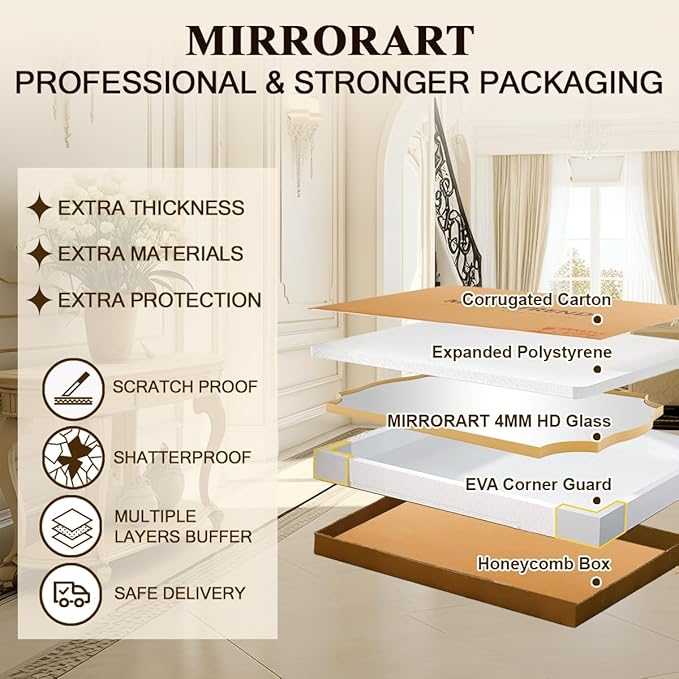 28x36 Inch Gold Scalloped Mirror, Bathroom Vanity Mirror with Stainless Steel Metal Frame, Anti-Rust, Shatterproof HD Glass, Unique Irregular Mirror for Bathroom, Bedroom, Living Room