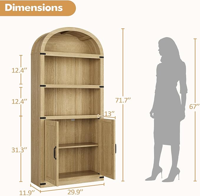 GarveeHome Bookcase with Doors Arched Bookshelf 71.65in Tall Bookcase Farmhouse Cabinet with Shelves Wooden Bookshelves for Home Office, Living Room (Light Oak)