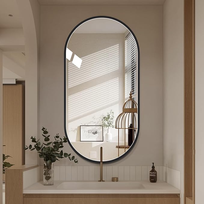 LAIYA 48x24inch Oval Wall Bathroom Mirror with Black Aluminum Frame,Wall Mounted Oval Vanity Mirrors， Explosion-Proof Glass, Waterproof Design, Easy Installation，Horizontally/Vertically