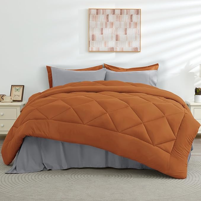 HEVUMYI King Comforter Set - 7-Piece All Season Bed in a Bag King, Ultra Soft Bedding Set with Comforter, Flat Sheet, Fitted Sheet, Pillowcases, Pillow Shams, Orange & Light Grey