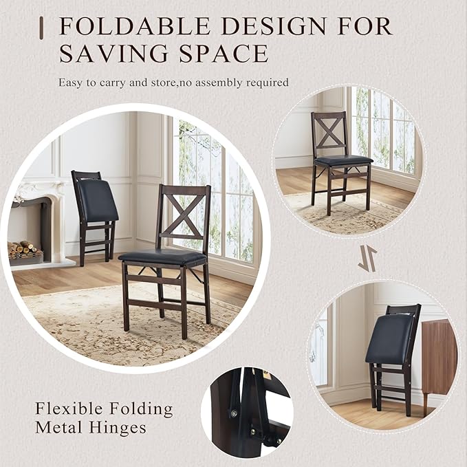 COLAMY Folding Dining Chairs Set of 2 – Dark Brown Wooden Dining Room Chairs, Pre-Assembled, Space Saving Kitchen & Dining Room Furniture, Mid Century Rustic Style, Indoor Outdoor Use