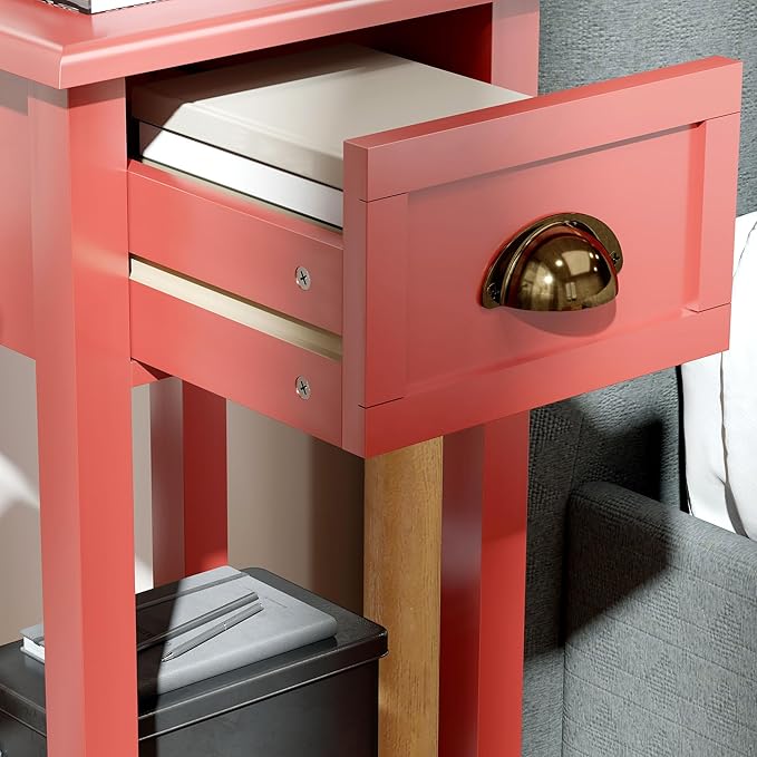HOMCOM 2-Tier Side Table with Drawer, Narrow End Table with Bottom Shelf, for Living Room, Set of 2, Red