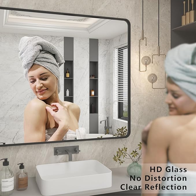 60x40 Inch Black Metal Framed Bathroom Mirror for Wall, Large Rounded Rectangle Mirror, Matte Black Bathroom Vanity Mirror, Anti-Rust, Shatterproof, Hangs Horizontally or Vertically