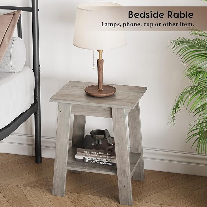 End Table, Side Table with 2-Tier Storage Shelf, Sofa Table for Small Space, Square Nightstand for Entryway, Farmhouse, Living Room, Easy Assembly, Grey