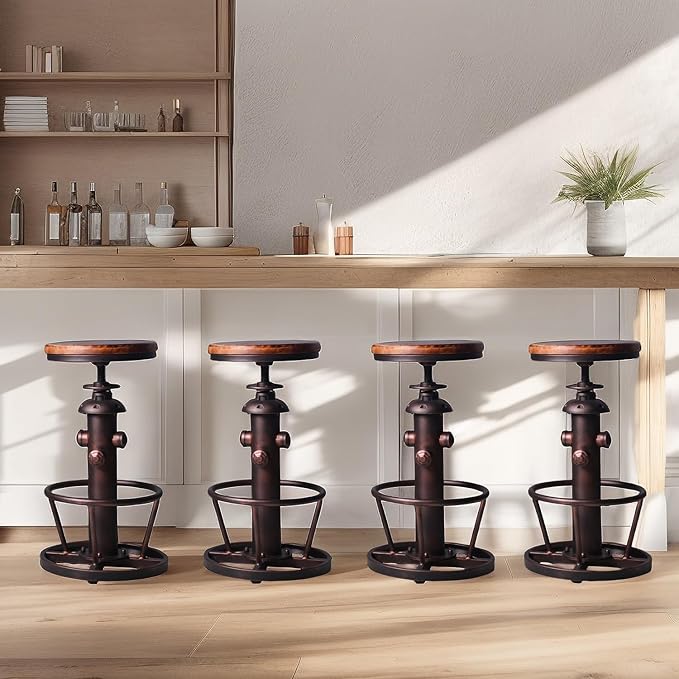 Vintage Swivel Bar Stool Industrial Coffee Kitchen Dining Chair Fire Hydrant Design Height Adjustable 24.8-30.7inch Solid Wooden Seat