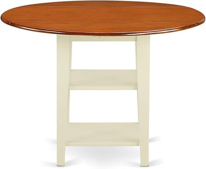 East West Furniture SUPL3-BMK-C 3 Piece Dining Table Set Contains a Round Dining Room Table with Dropleaf & Shelves and 2 Linen Fabric Upholstered Chairs, 42x42 Inch, Buttermilk & Cherry