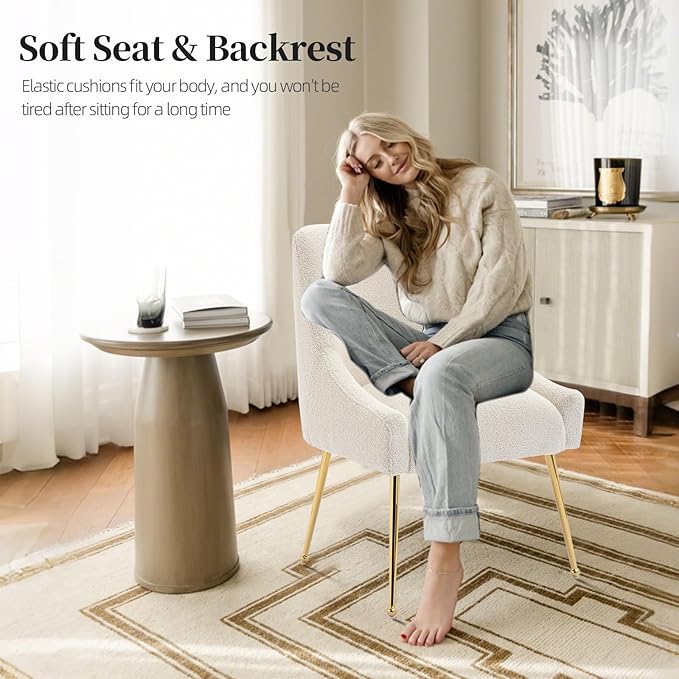 Modern Velvet Dining Chairs Set of 6, Contemporary Upholstered Furniture Collection with Polished Gold Metal Legs, Elegant Accent Chairs for Kitchen Living Room(Teddy Fleece,Beige)