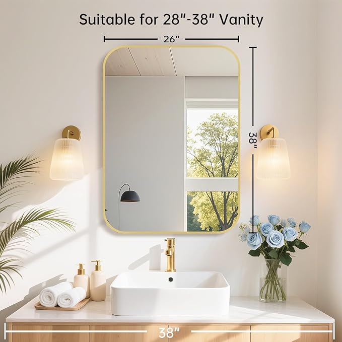 26x38 Inch Gold Bathroom Mirror, Brushed Brass Gold Metal Framed Rectangular Mirror with Rounded Corner, Bathroom Vanity Mirror for Bedroom or Living Room, Horizontal/Vertical