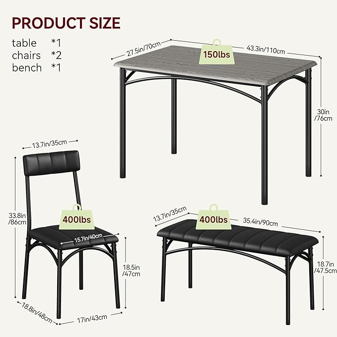 GAOMON Dining Table Set for 4 with Upholstered Bench and 2 Chairs, Rectangular Dining Room Table Set for 4 for Small Space, Apartment, Dinner, Rustic Gray