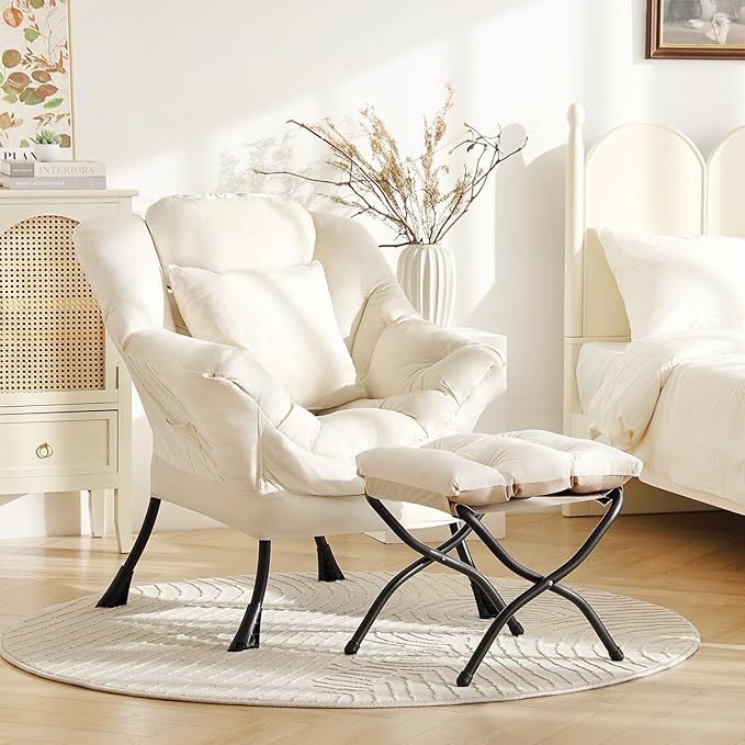 Lazy Chair with Ottoman, Modern Lounge Accent Chair with Armrests and a Throw Pillow, Leisure Sofa Chair Set, Reading Chair with Footrest for Living Room, Bedroom, Office, Velvet Ivory