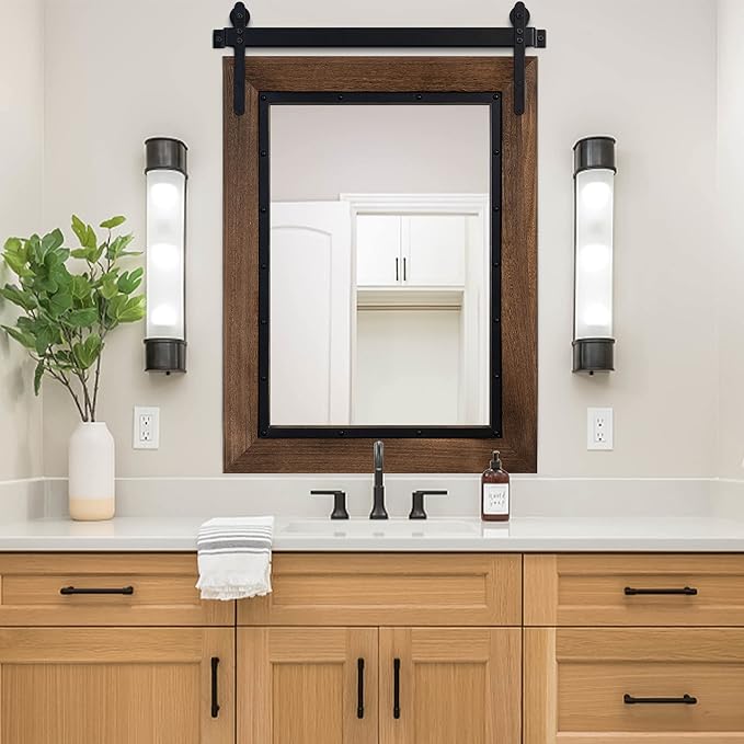 YOSHOOT Farmhouse Barn Door Mirror, 40"x30" Rustic Bathroom Mirror, Wood Frame Wall Mirror, Wooden Mirror for Living Room Bedroom Entryway Wall Décor, Vertical Hanging ONLY
