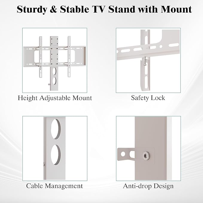 63" W TV Stand with Mount for 55,65,75" TV,Entertainment Center with Power Outlet and Led Lights,Height Adjustable TV Console Table with Open Storage Shelves and Fabric Drawers (White, 63" W)