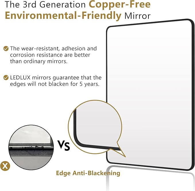 30"x40" Bathroom Wall Mirror with Matte Black Metal Frame & HD Glass, Copper-Free Mirrors Modern Rectangle Round Corner Framed Vanity Mirror - Horizontal or Vertical Installation