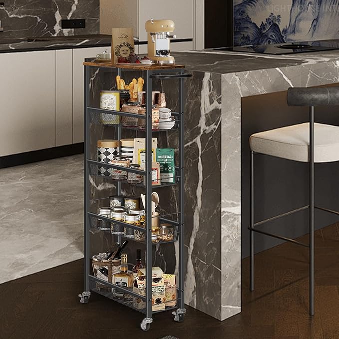 MOOACE Slim Storage Cart, 5 Tier Kitchen Rolling Carts with Wheels, Metal Narrow Cart Utility Cart Mobile Shelving Unit for Bathroom Organizer Kitchen Office Laundry Room, Brown