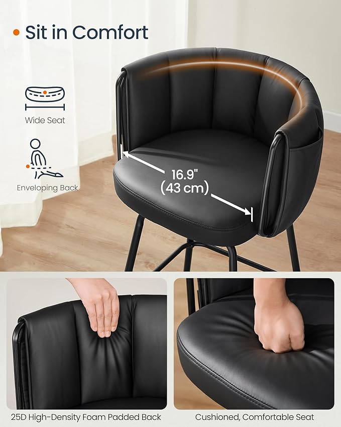 SONGMICS HOME 360° Swivel Bar Stools Set of 2, Barstools with Curved Back, Upholstered Counter Bar Stools with Footrest, Metal Tapered Legs, for Kitchen Island, Dining Room, Ink Black ULBC123B02