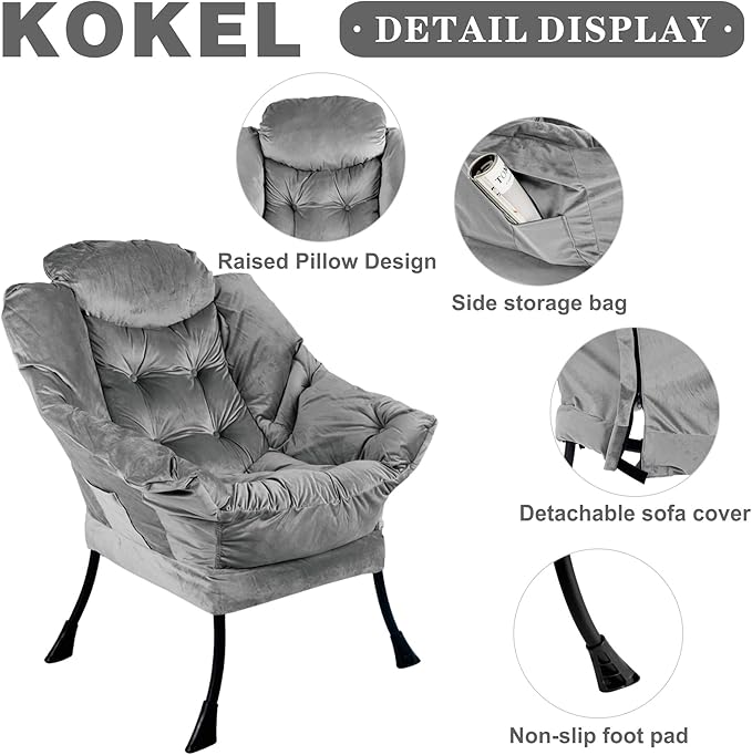 Lazy Chair with Folding Ottoman,Living Room Chairs, Accent Contemporary Lounge Chair, Single Steel Frame Leisure Sofa Chair with Armrests and A Side Pocket (DL22GRAY)