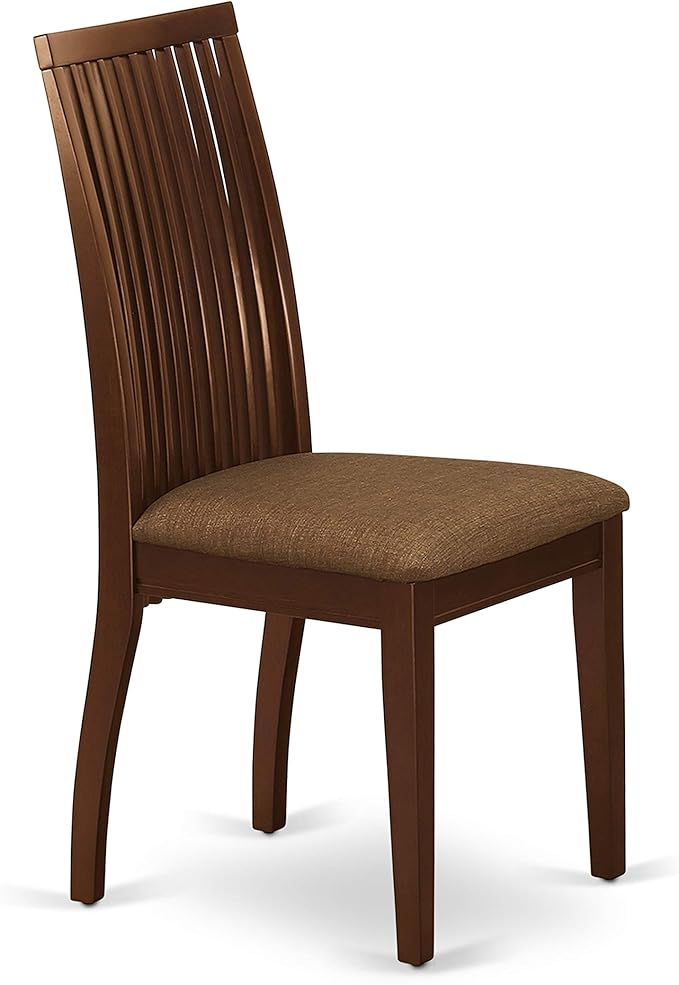 East West Furniture ESIP3-MAH-C 3 Piece Modern Dining Table Set Contains a Round Wooden Table with Pedestal and 2 Linen Fabric Upholstered Dining Chairs, 30x30 Inch, Mahogany