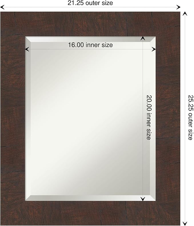 Amanti Art Brown Wall Mirror 25x21 Wildwood Brown Rectangle Bathroom Mirror for Wall Decor Living Room, Small Rustic Farmhouse Frame, Hangs Horizonally and Vertically, Bathroom Decor, Beveled Edge