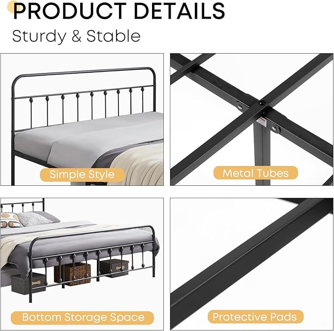 Twin Bed Frame-Classic Metal Platform Bed Frame Mattress Foundation with Victorian Style Iron-Art Headboard/Footboard/Storage Space/No Box Spring Needed/Black