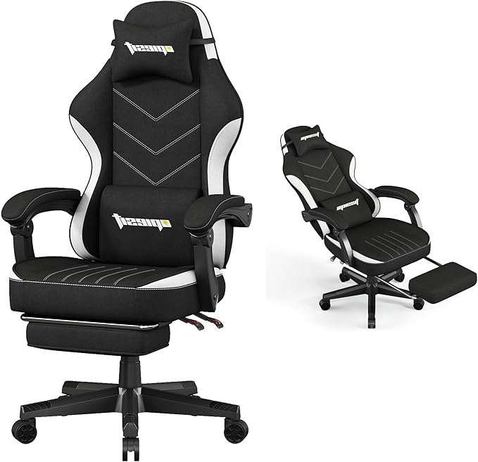 Gaming Chair,Fabric Computer Chair with Pocket Spring Cushion,400 lb Load Capacity,Ergonomic Office Chair with Footrest,Height Adjustable Video Gamer Chair with Lumbar Support(Black)