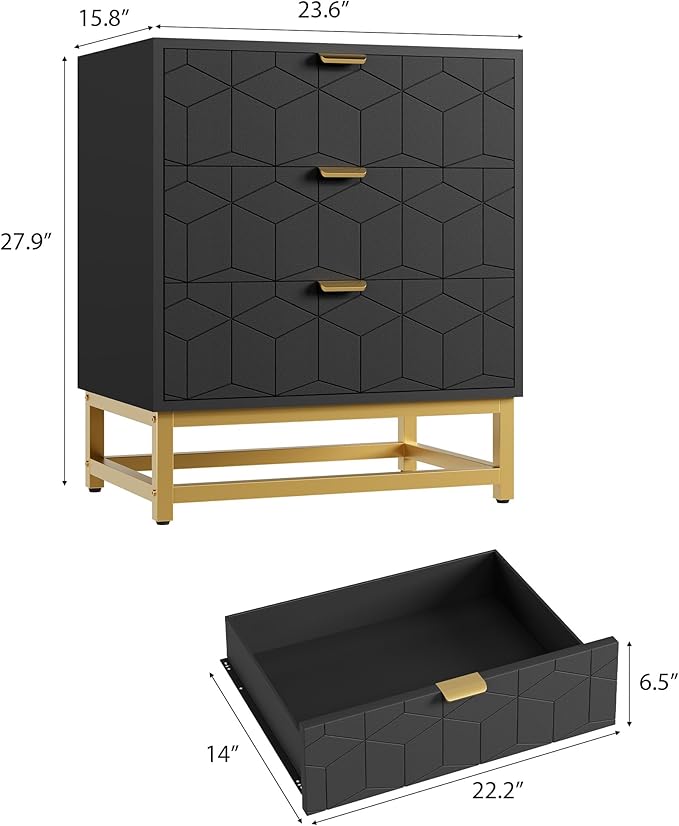 GAOMON 3 Drawer Dresser, Wood Chest Drawers with Storage for Closet, Bedroom, Drawers Dresser Modern Bedside Nightstand with Gold Handles, Black