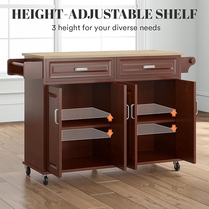 Rovibek Kitchen Island On Wheels Rolling Islands with Storage & Drawers Cabinet Spice Rack Towel Rack, Brown