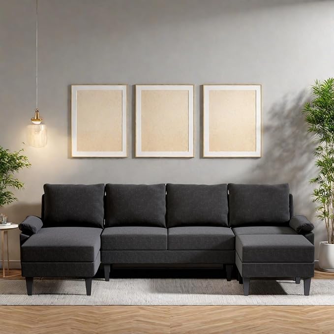 115 Inch U Shaped Sectional Couch with Chaise, 5-Seat Sofa with Moveable Ottoman, Modern Modular Sofa for Living Room, Apartment, Black