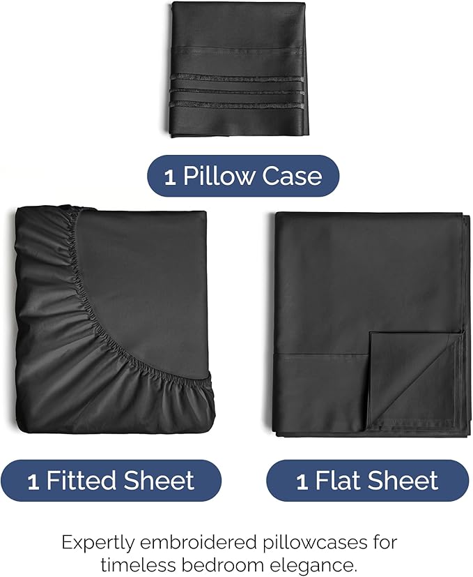 Twin Size 3 Piece Sheet Set - Comfy Breathable & Cooling Bed Sheets Set - Hotel Luxury Bedding for Women, Men, Kids, Teens, Boys & Girls - Deep Pockets, Ultra-Soft and Wrinkle Free - Oeko-Tex - Black