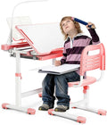 Rengue Kids Desk and Chair Set Height Adjustable Children School Study Desk and Chair with 55° Tiltable Desktop, 3 Mode & Brightness LED Lamps, Storage Drawer & Metal Hook for Boys Girls Gifts (Pink)