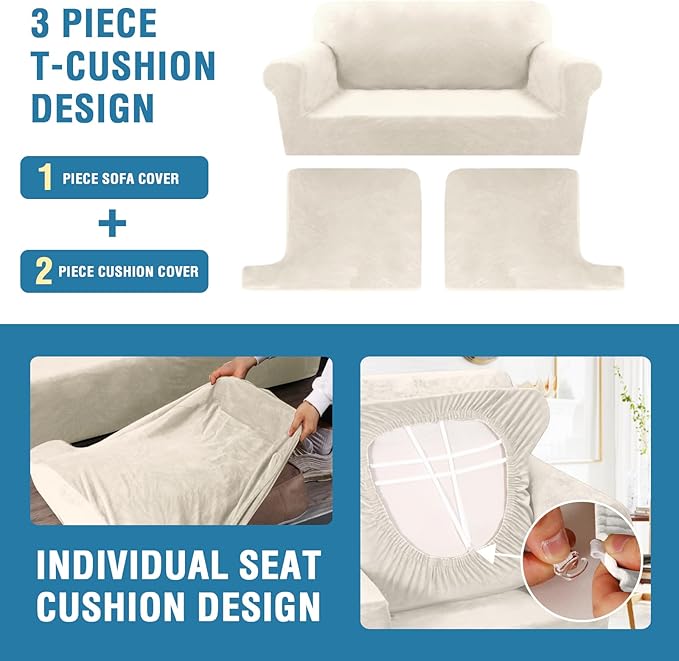 H.VERSAILTEX Sofa Cover 3 Piece Loveseat Slipcovers Thick Velvet Couch Cover Furniture Protector Stretch Sofa Covers for 2 Cushion Couch with 2 Individual T Cushion Covers Washable, Ivory
