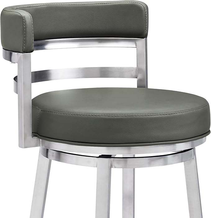 Armen Living Madrid 26" Counter Height Swivel Modern Gray Faux Leather and Brushed Stainless Steel Bar Stool for Kitchen Island Counter