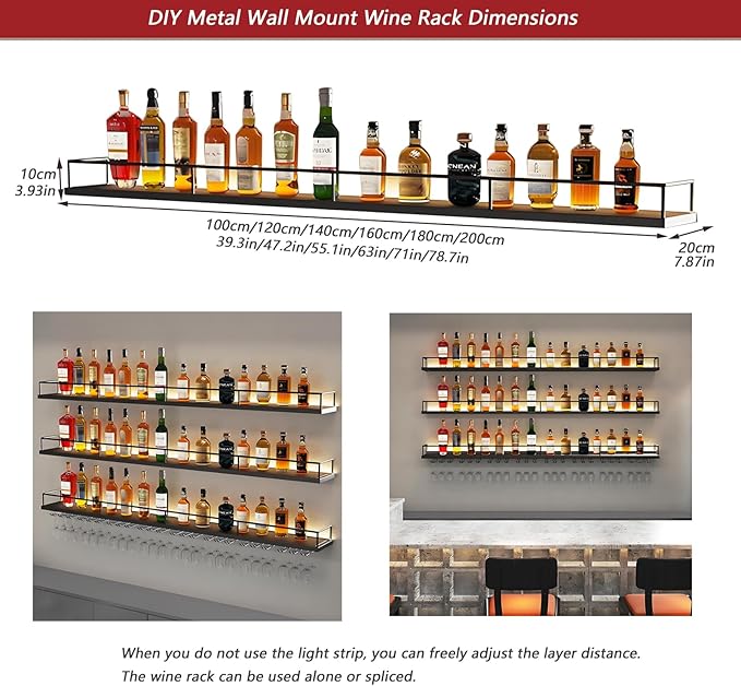 71in Wall-Mounted Metal Wine Rack with LED Lights 3-Tier Floating Bar Shelves with Wine Glass Rack Large Wine Bottle Display Rack Hanging Shelf, for Home Bar Dining Room Decorative (Gold, 180cm/71in)
