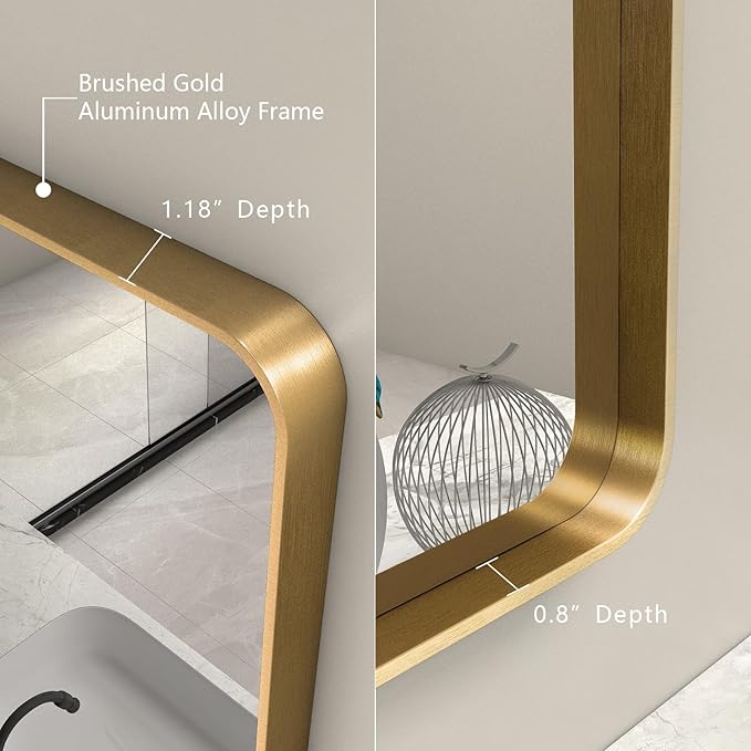 28x32 Gold Bathroom Mirror, Rounded Rectangle Gold Frame Mirror, Brushed Gold Brass Bathroom Vanity Mirror Wall-Mounted, Anti-Rust, Hangs Horizontally or Vertically