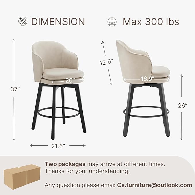 Counter Height Barstools 26 inch Upholstered Swivel Bar Stools with Back and Wood Legs for Kitchen Island,Set of 3,Beige PU Leather
