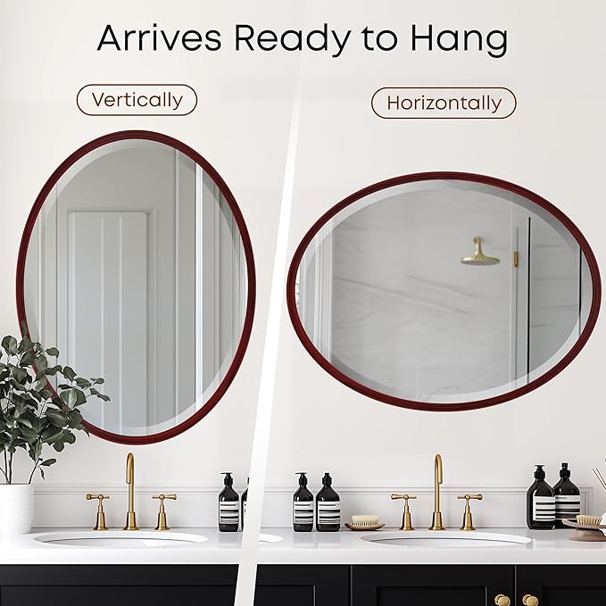 OVALCREST - Oval Wooden Beveled Wall Mirror for Home Decor, Bathroom, Vanity, Bedroom, Living Room, Hallway - London Style (Black Cherry) 21.1 x 31.1