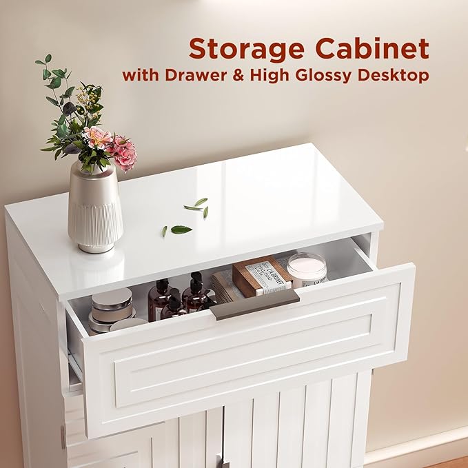 Storage Cabinet Bathroom Floor Cabinets with Drawer Freestanding Kitchen Cabinet Fluted Coffee Bar Cabinet for Living Room, Entryway, Garage Accent Storage Organization - 23.6x11.8x35.4- White