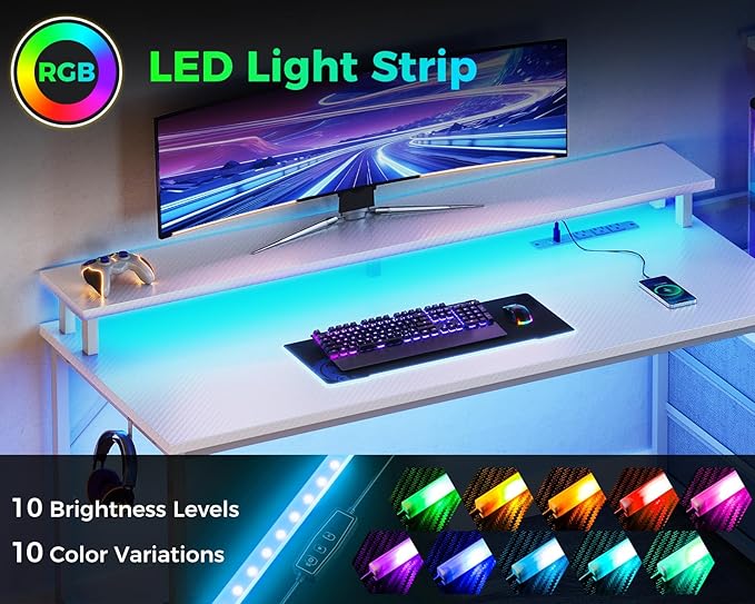 AODK 52 Inch Gaming Desk with USB Charging Ports & LED Light- Reversible Computer Desk with Storage Shelves & Monitor Stand, Modern Gamer Desk Table with Fabric Drawers & Side Hook, Carbon Fiber White