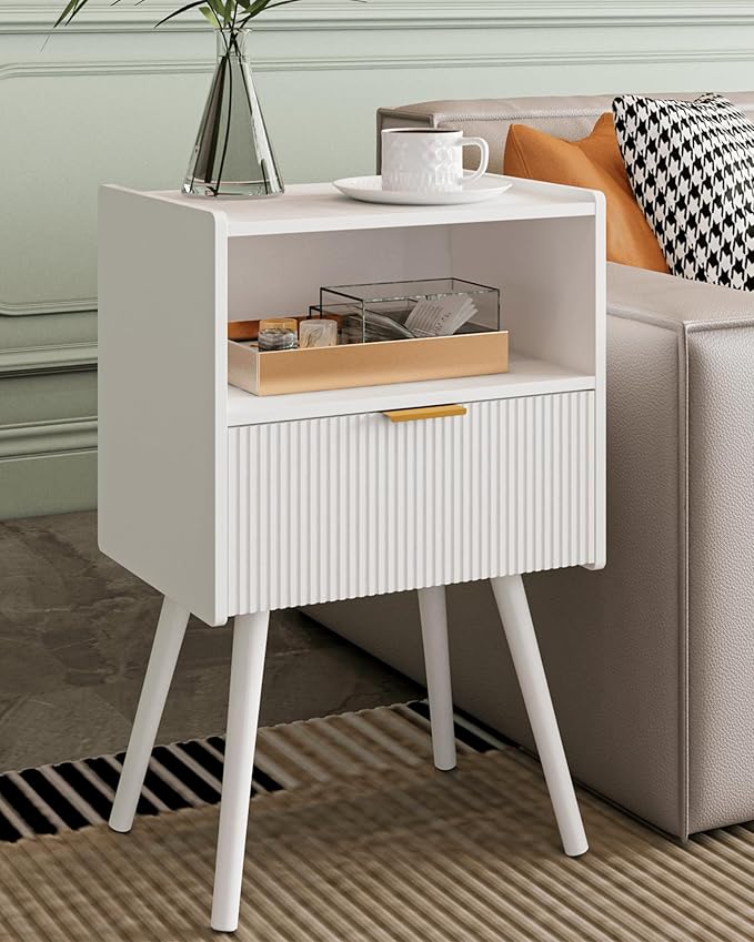 Nightstand,Modern Bedside Table with Storage Drawer and Open Wood Shelf, Accent Night Stand with Solid Wood Legs for Living Room, Bedroom and Small Spaces,Easy Assembly (White)
